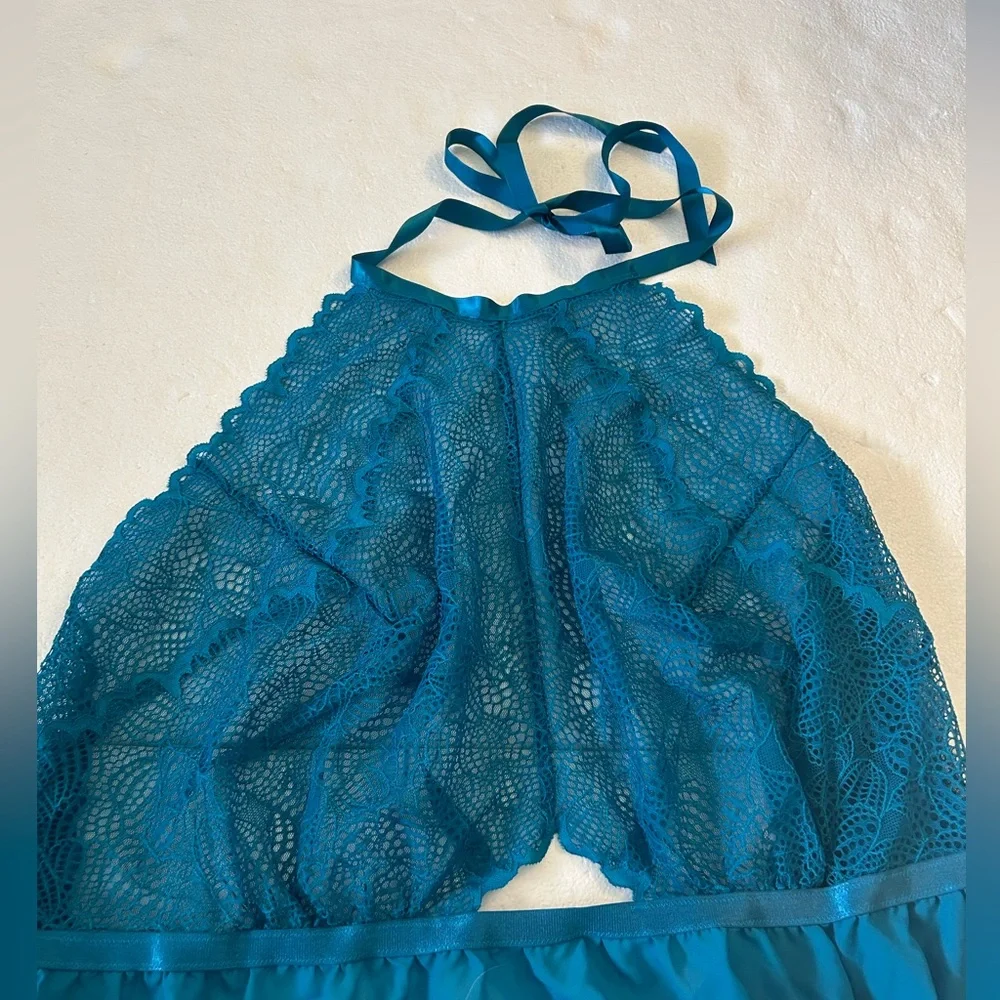 Cacique NWT teal 2 piece lingerie set matching teddy and thing lace